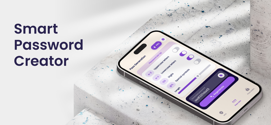 MaxProtect - Protectonyx - iPhone exibindo a interface do Criador de Senhas Inteligentes do aplicativo MaxProtect