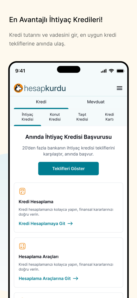 Hesapkurdu - Kıyasla, Yakala! - A screenshot of the Hesapkurdu app showing personal loan comparison and financial calculation tools.