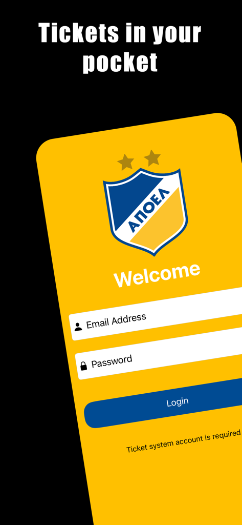 APOEL FC Wallet - APOEL FC Wallet login screen featuring the club logo and email password fields under the heading Tickets in your pocket.