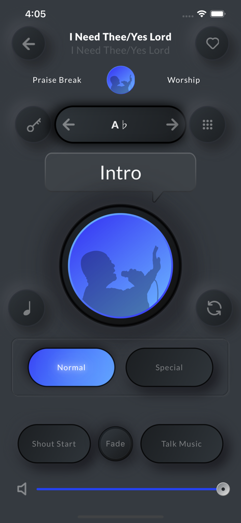 Interface of the Whoop Triggerz Plus app with buttons for Shout Start Talk Music and gospel worship backing