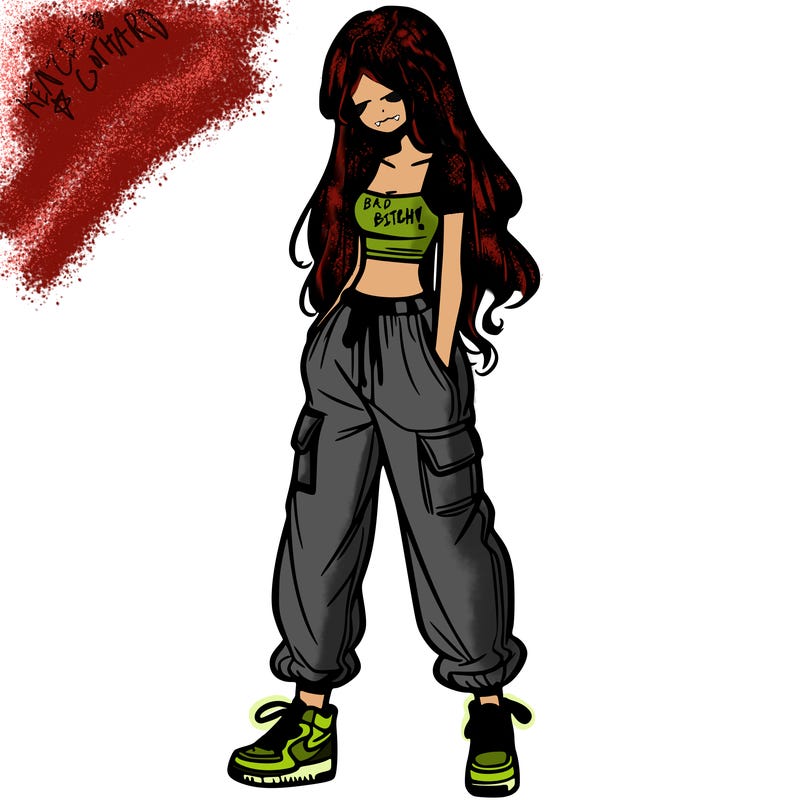 girl in baggy pants crop top and long hair