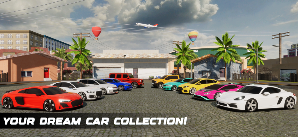 Drive Quest: Online - A variety of customized luxury sports cars parked in a circular formation in an open world setting from the Drive Quest Online game