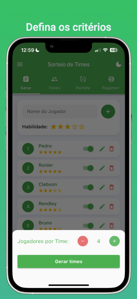 A mobile app screen for organizing soccer matches by setting player skills and team size