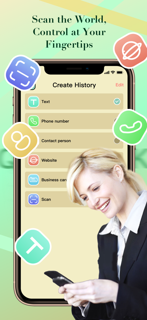 A professional woman using the QuickLink app to create QR codes for business cards and websites