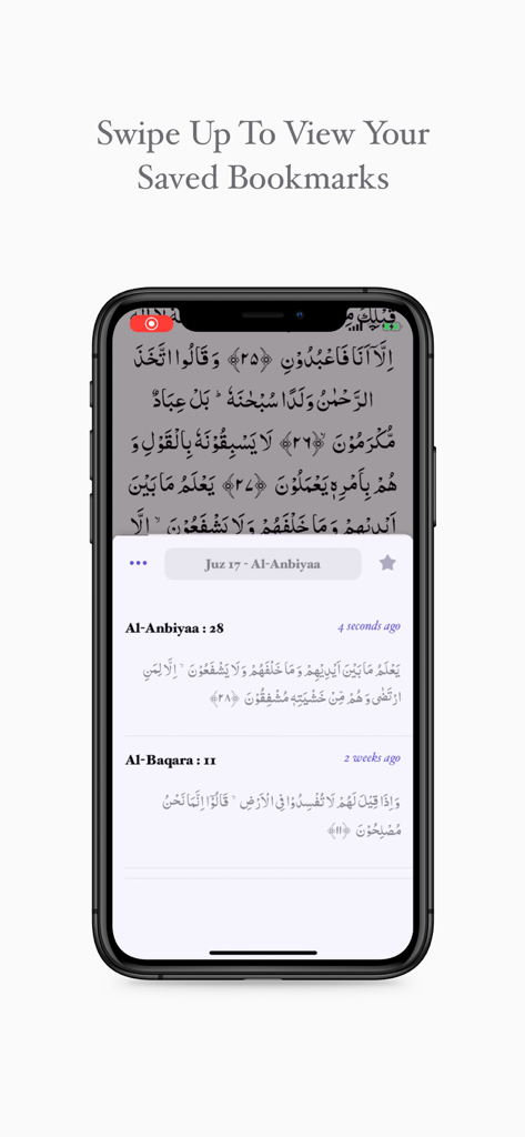 Kanzul Imaan - A smartphone screen showing the saved bookmarks feature in the Kanzul Imaan Quran app with Arabic verses listed