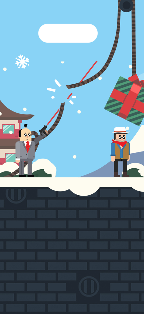 Mr Bullet - Shooting Game - 미스터 불릿의 스파이 캐릭터가 레이저를 조준하여 눈 덮인 레벨의 적에게 큰 선물 함정을 떨어뜨리고 있습니다