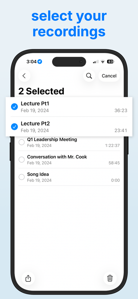 Tela do iPhone exibindo uma lista de gravações com dois memorandos de palestra selecionados para mesclar
