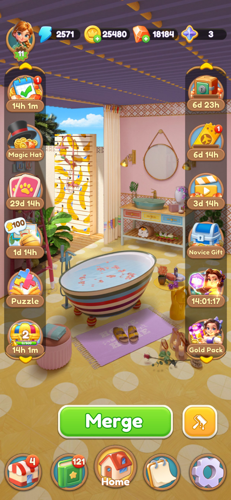 Merge Master Home Designゲームの装飾されたバスルーム。カラフルなバスタブと洗面化粧台があります。
