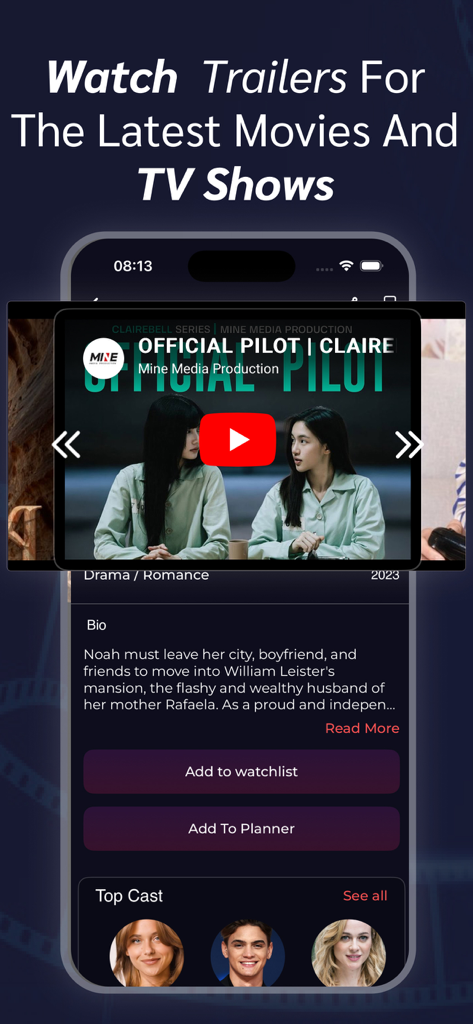 RAVE app interface showing a movie trailer player with cast information and watchlist buttons