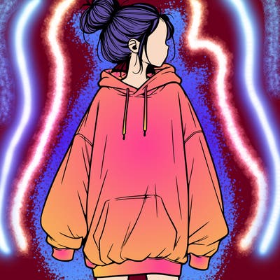 realistic girl with a oversized sweatshirt on and a bun
