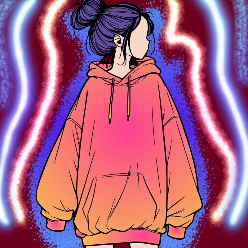 realistic girl with a oversized sweatshirt on and a bun