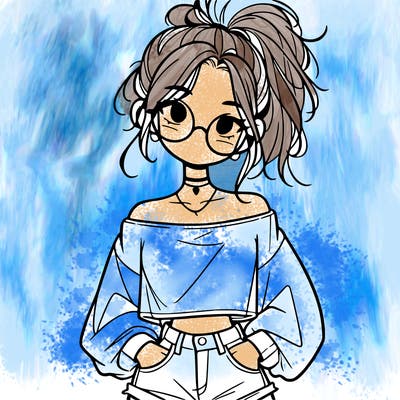 girl with a messy ponytail glasses a baggy crop top and jean shorts