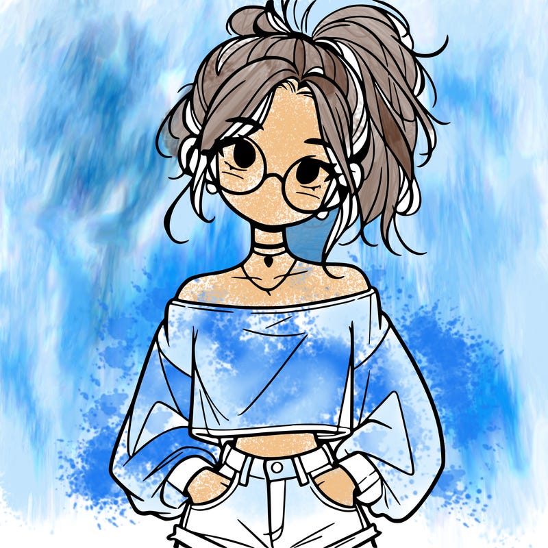 girl with a messy ponytail glasses a baggy crop top and jean shorts