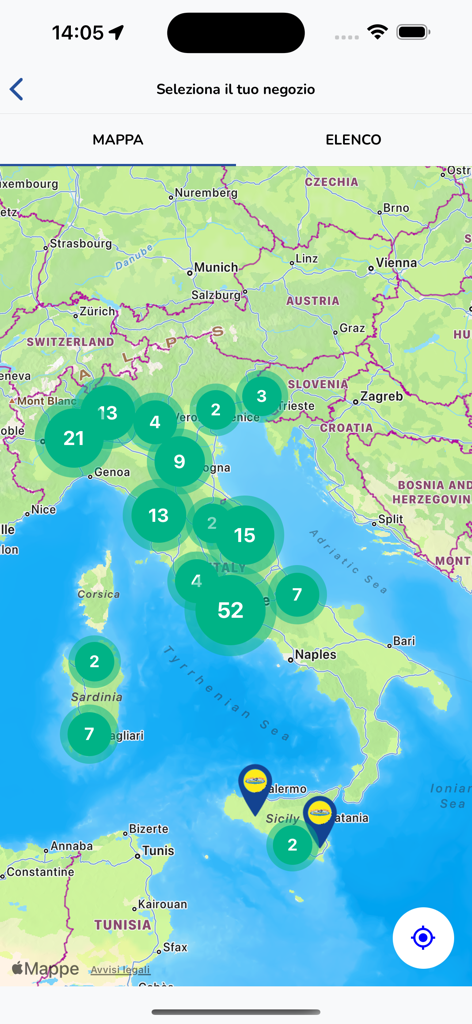 Vista mappa delle sedi dei negozi Risparmio Casa in tutta Italia con conteggio dei negozi