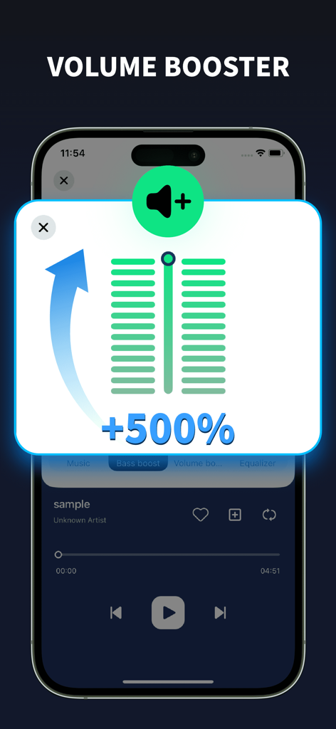 Bass Booster app interface showing a 500 percent volume boost feature on a smartphone screen