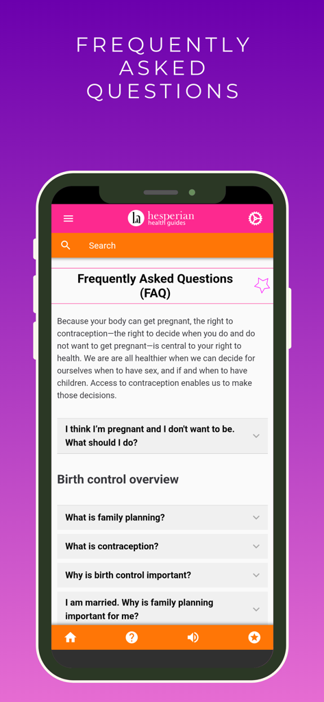 Family Planning - Frequently Asked Questions screen of the Family Planning app showing information about birth control and contraception options