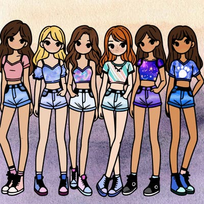 a group of girls wearing crop tops and shorts
