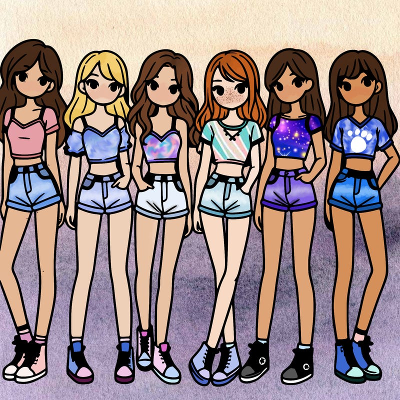 a group of girls wearing crop tops and shorts