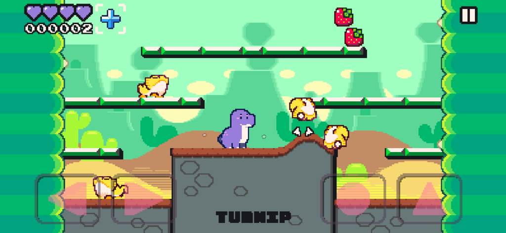 Dino Quake - A purple dinosaur character in a 16-bit pixel art platformer level with desert scenery and bird enemies