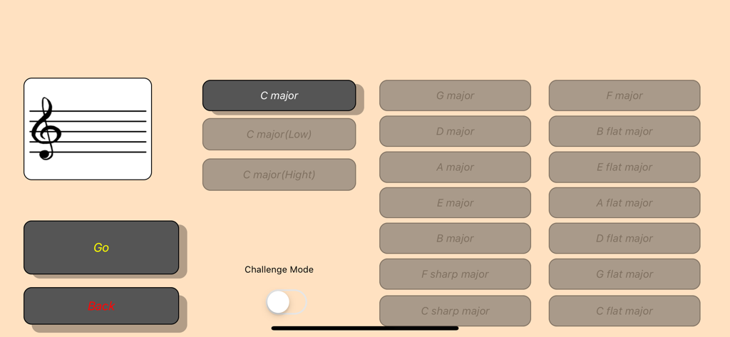 Major key selection menu in the piano music notes training app