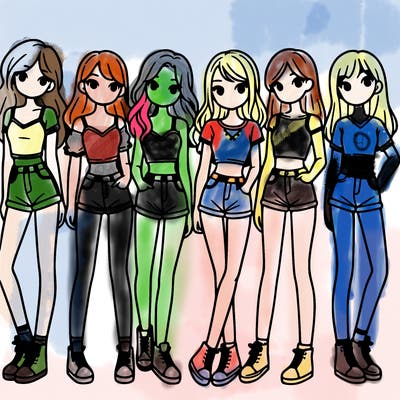 a group of girls wearing crop tops and shorts