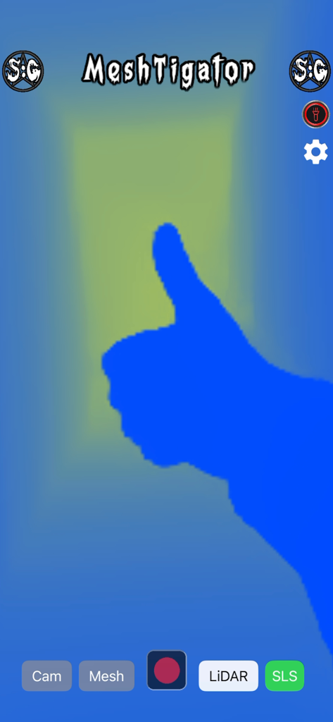 MeshTigator - MeshTigator app interface showing the LiDAR mode with a blue thumbs up silhouette