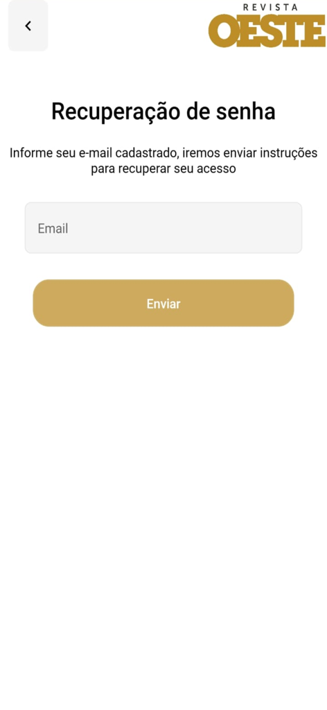 Revista Oeste - Revista Oeste app password recovery screen with email input field
