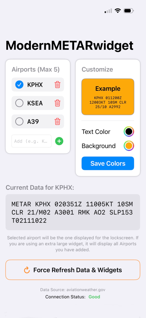 Modern METAR Widget - Configuration screen for an aviation weather app showing airport selection and widget color customization.