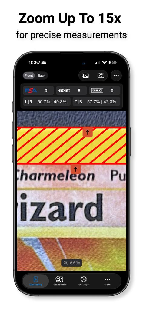 Card Centering Calculator - Card Centering Calculator app interface demonstrating 15x zoom for precise card grading measurements.