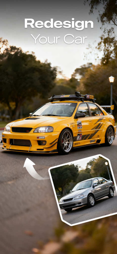 Um sedã prateado original transformado em um carro de corrida amarelo personalizado usando o software de designer com IA