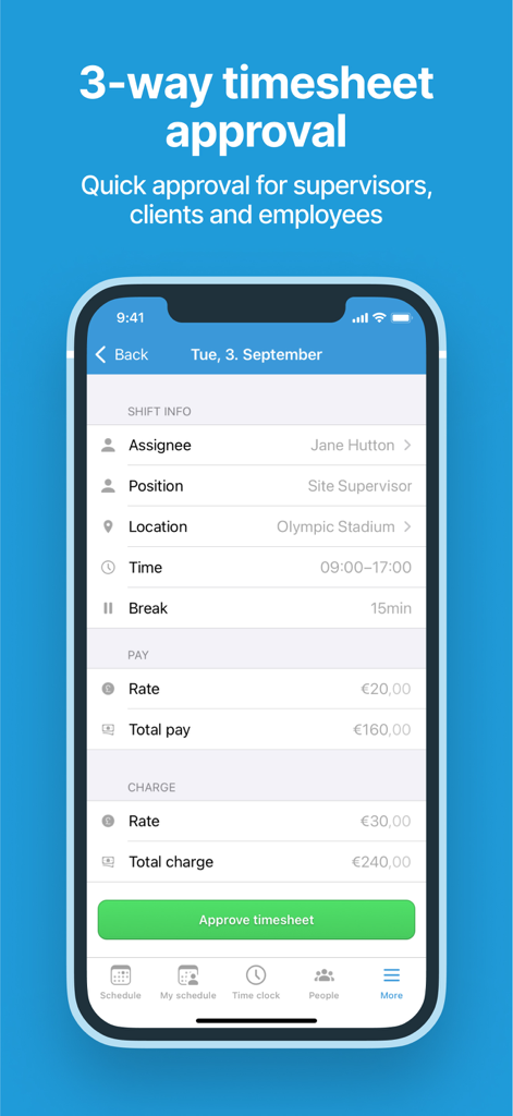 PARiM - Interface of the PARiM app showing shift details and a green timesheet approval button.