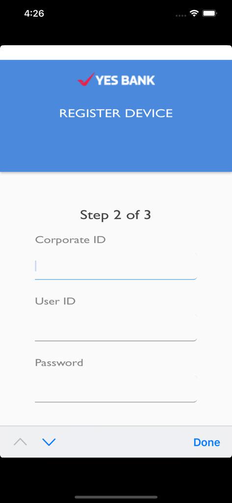 YES Biz Online - Device registration screen for YES Biz Online corporate banking showing login fields