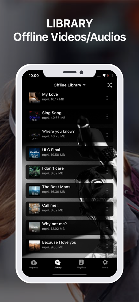 iMusic Video Player Offline - Interface of iMusic Video Player Offline showing a list of saved videos and songs in the offline library
