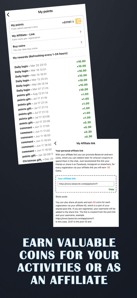Panel de la aplicación móvil BeSecret para rastrear puntos ganados y administrar enlaces de afiliados.