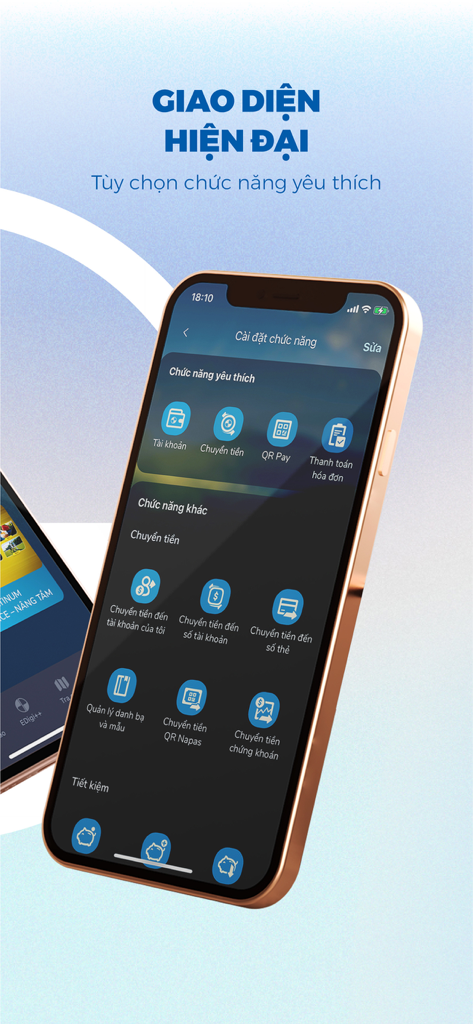 Eximbank EDigi - Interfaz de la aplicación móvil Eximbank EDigi mostrando funciones bancarias personalizables en modo oscuro.