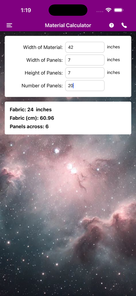Material calculator screen in the Quick Quilt app showing yardage calculations for panels