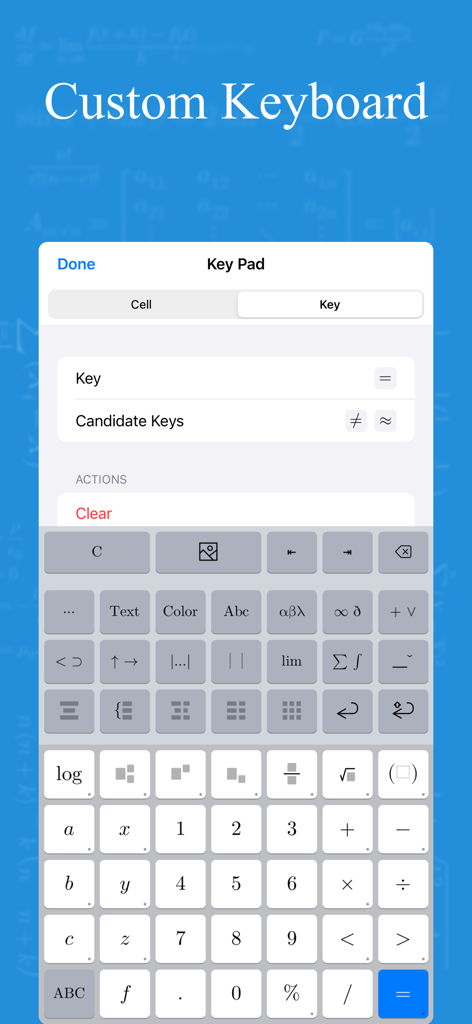 xFormula - Equation Editor - A customizable mathematical keyboard interface featuring scientific symbols and equation editing tools