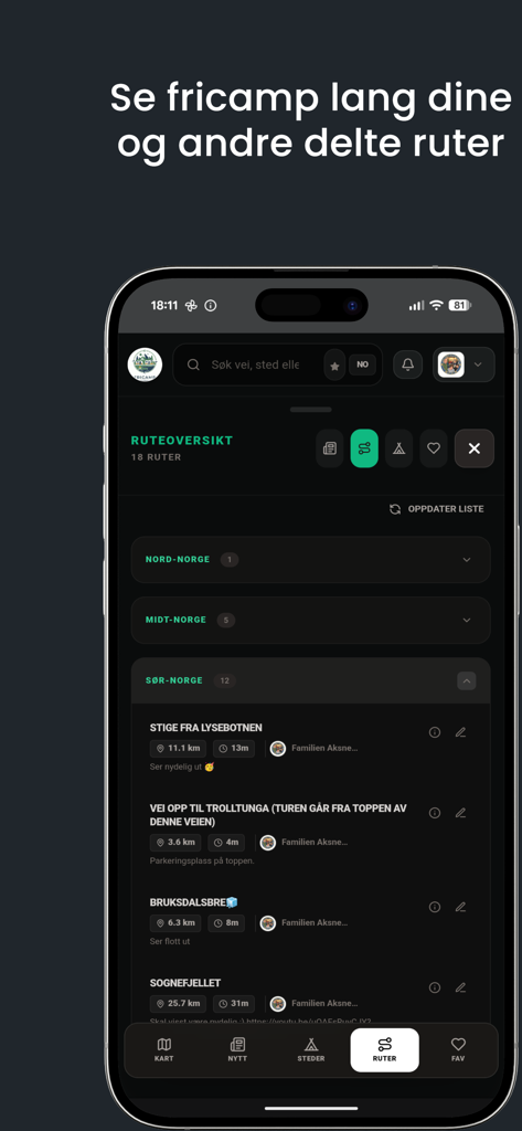 Fricamp - Smartphone screen displaying the Fricamp app with a list of wild camping and travel routes in Southern Norway