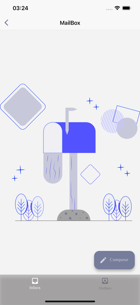 Interfaz de la bandeja de entrada de MyU Student Portal que muestra una ilustración de un buzón con botones para la bandeja de entrada, la de enviados y la de redactar.