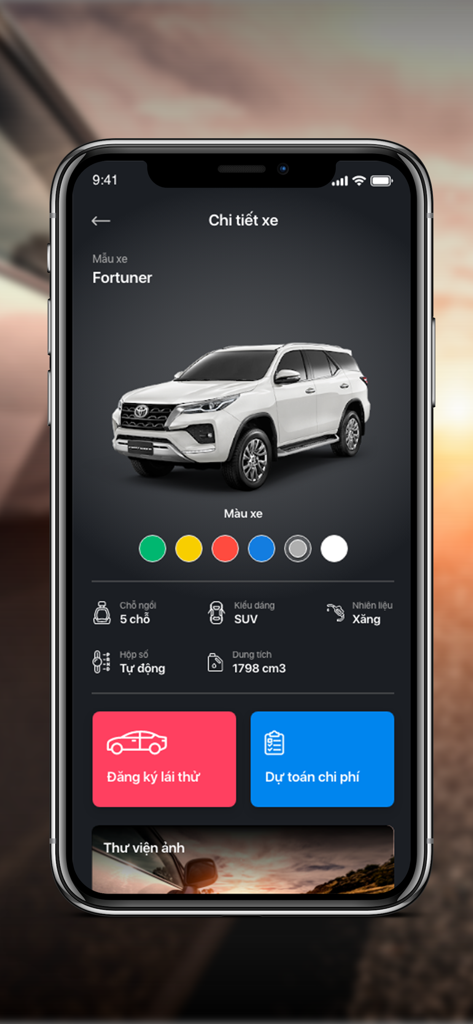 TOYOTA Vietnam - Toyota Vietnam app interface displaying white Fortuner SUV specifications and booking buttons