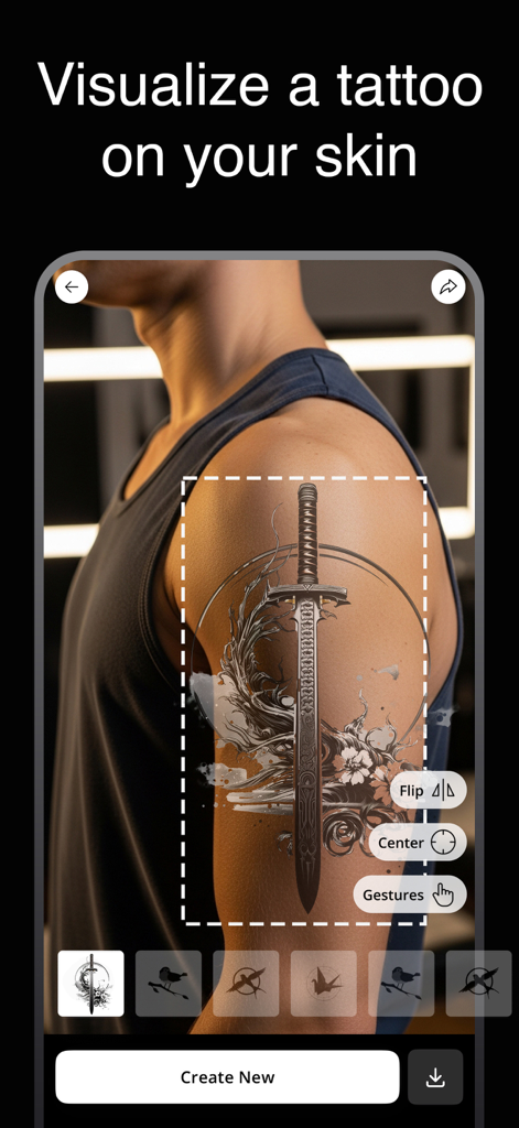 Ink.Art: Tattoo AI Generator - AR preview of a sword tattoo design on a person's upper arm using the Ink Art app