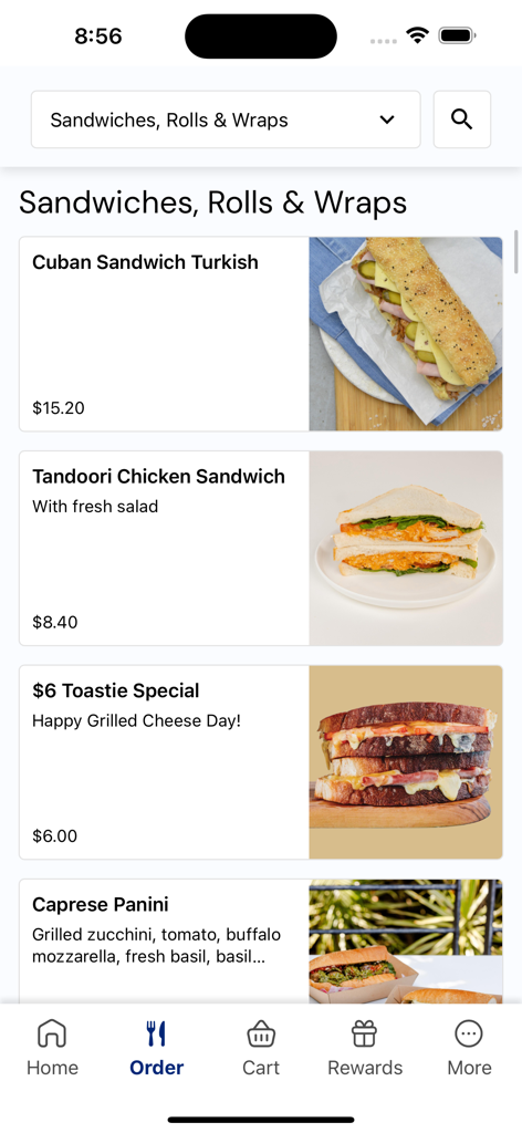 City Campus Food - Pantalla del menú móvil para la aplicación City Campus Food que muestra varios sándwiches y precios