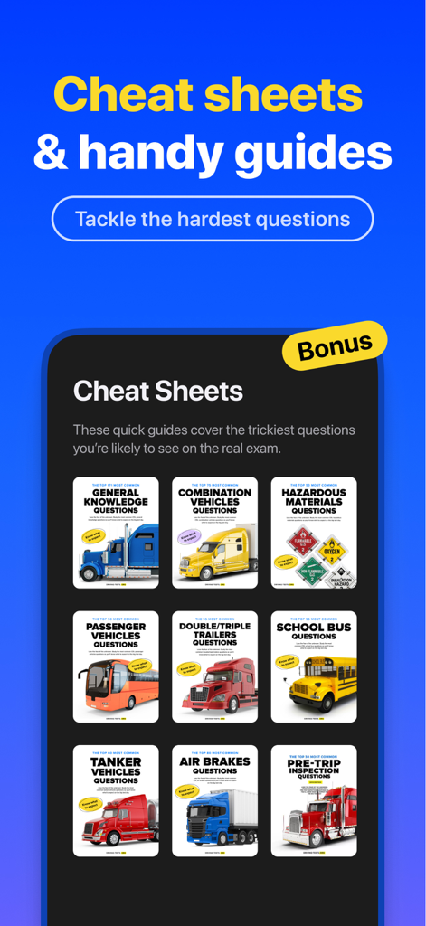 CDL Prep Practice Test Genie - Mobile app screen showing various CDL cheat sheets for endorsements like general knowledge hazardous materials and air brakes