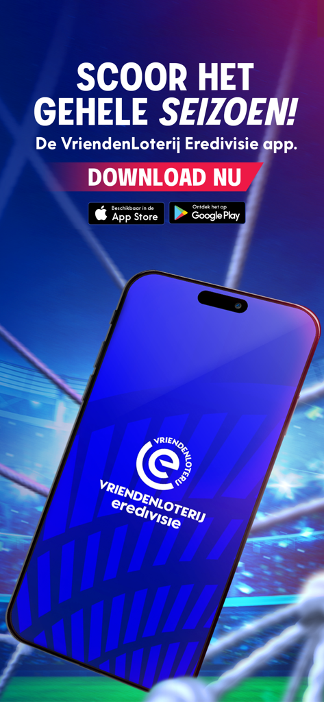 VriendenLoterij Eredivisie - スタジアムでスマートフォンを見せるVriendenLoterij Eredivisieサッカーアプリのプロモーションバナー