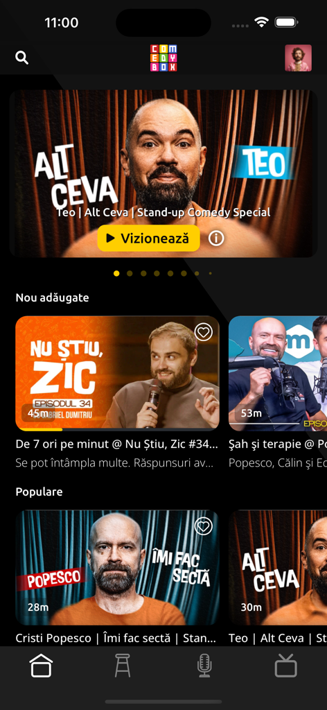 Comedy Box - The home screen of the Comedy Box app featuring stand up comedy specials and podcasts.