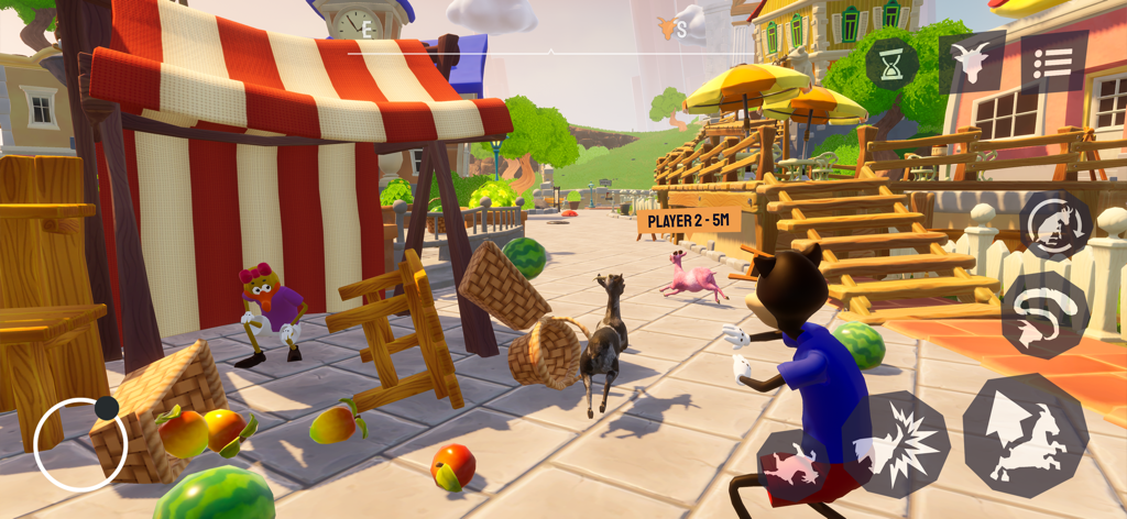 A goat causing chaos in a colorful town square market in Goat Simulator 3 Multiverse.