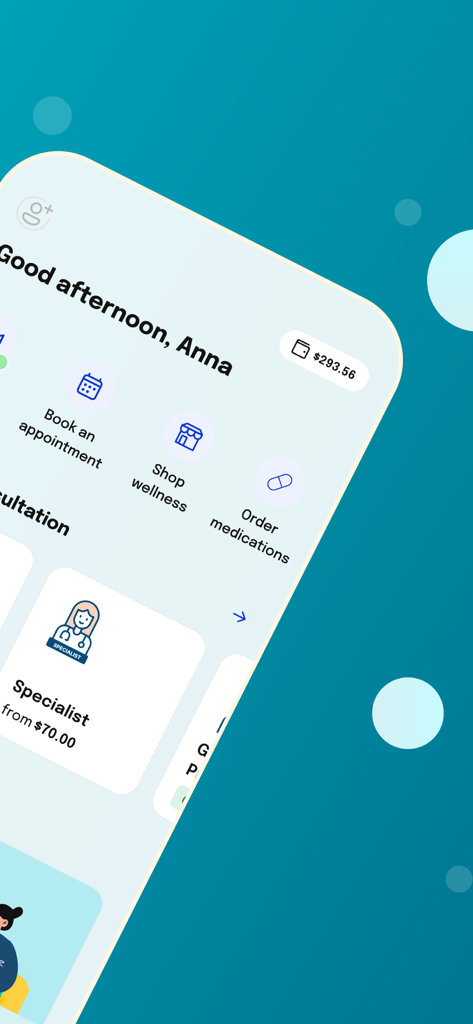 Doctor Anywhere: Healthcare - User interface of the Doctor Anywhere app showing options to book appointments and shop for wellness products