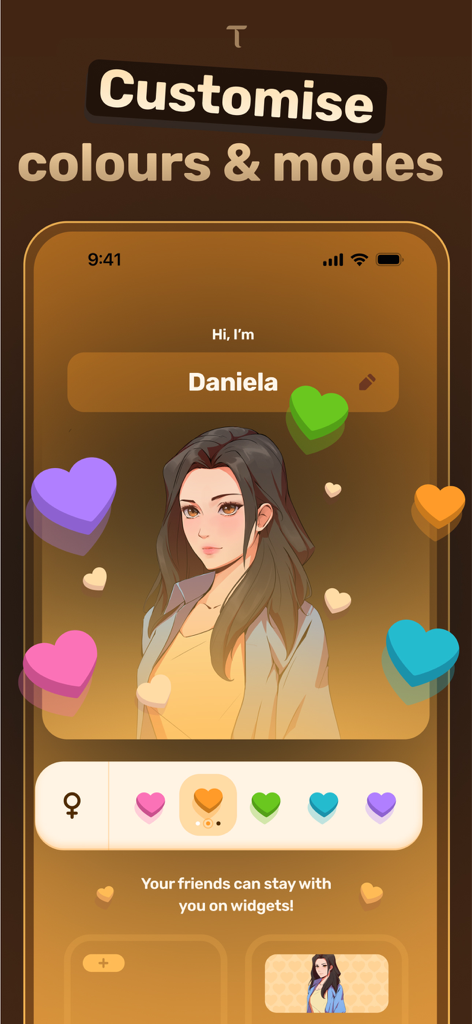 Dippy-AI Characters & Roleplay - Écran de personnalisation de personnage Dippy AI présentant un personnage de style anime nommé Daniela et des icônes de cœur colorées.