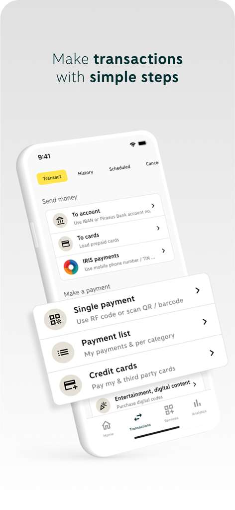 Piraeus app - Interface of the Piraeus mobile banking app showing transaction options for sending money and making payments.