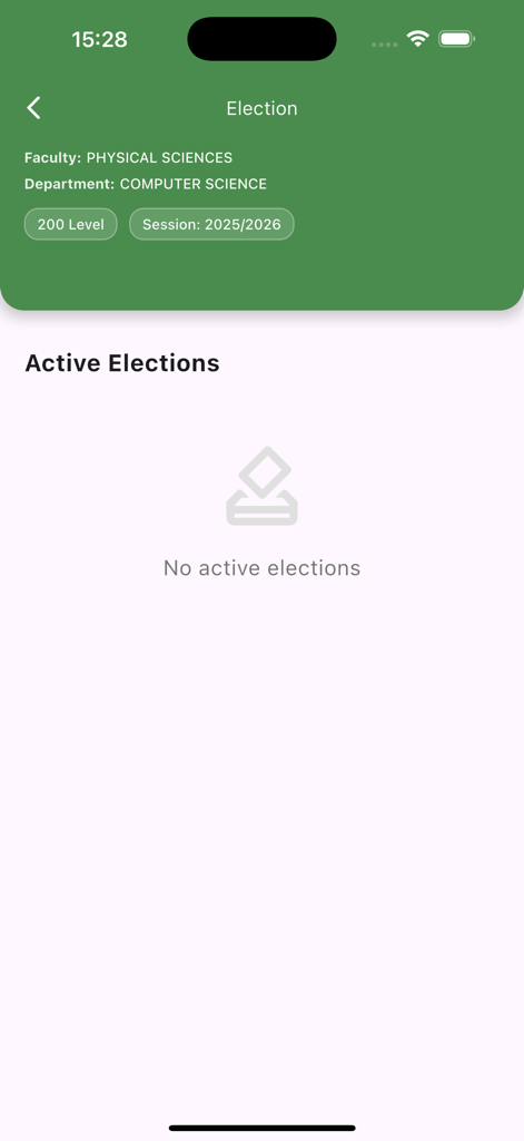 COOU Portal - COOU Portal app election interface for Computer Science students showing no active elections for the 2025-2026 session